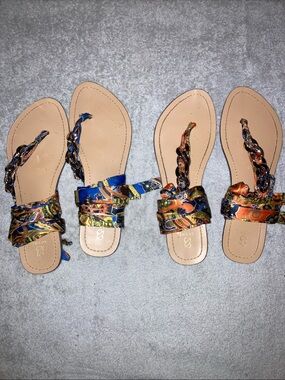 Star Scene Leather Sandals with Multicolor Patterned Scarf Straps